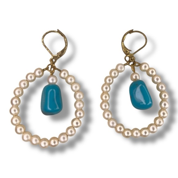 Vintage Pearl Turquoise Hoop Earrings Retro Boho Dangle Style Teal Ivory - Picture 1 of 13